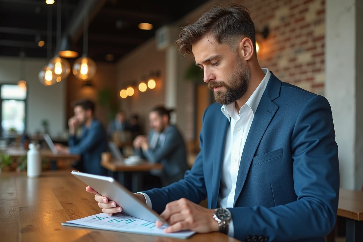 Homme consultant des graphiques financiers au café