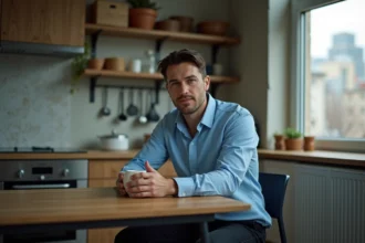 Homme pensif dans une cuisine urbaine moderne