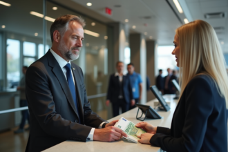 Homme d'affaires remettant des billets à une caissière dans une banque