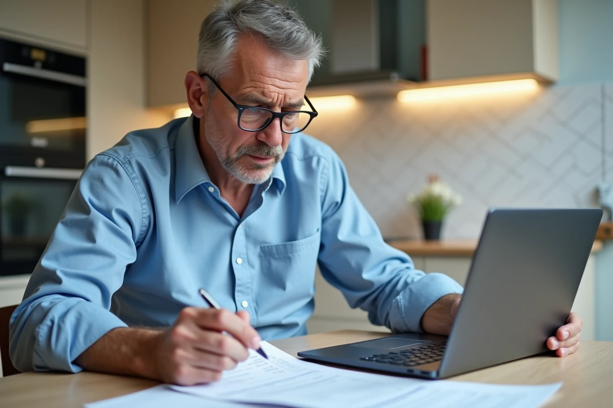 Homme consultant sa déclaration de revenus en ligne avec le formulaire 2042 imprimé
