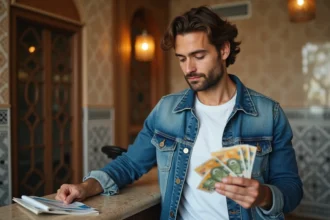 Homme européen examine des euros et dirhams dans un hôtel