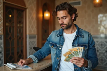 Homme européen examine des euros et dirhams dans un hôtel