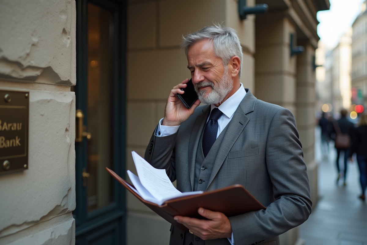 Homme en costume dans la rue devant une banque
