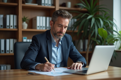 Homme d'affaires analysant des graphiques financiers dans un bureau moderne