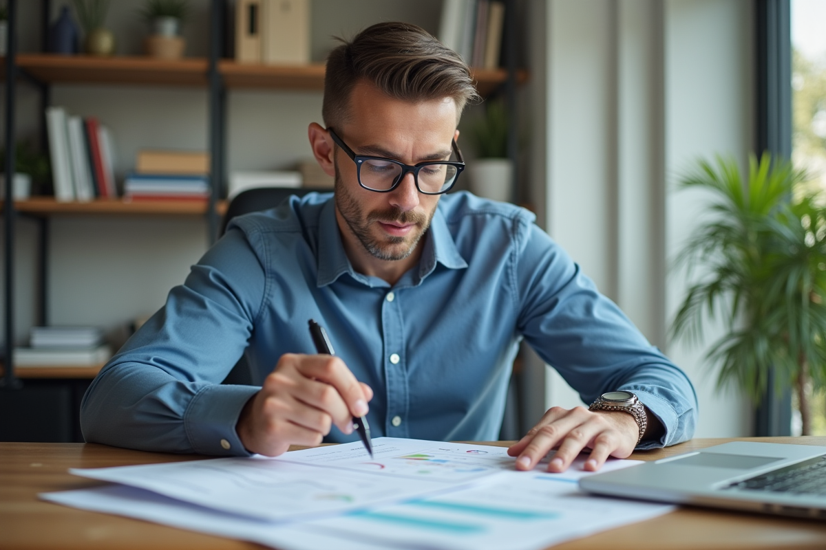 Homme d'âge moyen dans un bureau organisé en train d'étudier un document financier