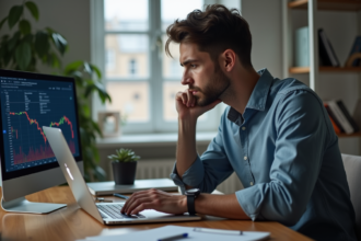 Jeune homme pensif étudiant des graphiques Solana
