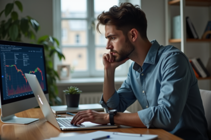 Jeune homme pensif étudiant des graphiques Solana