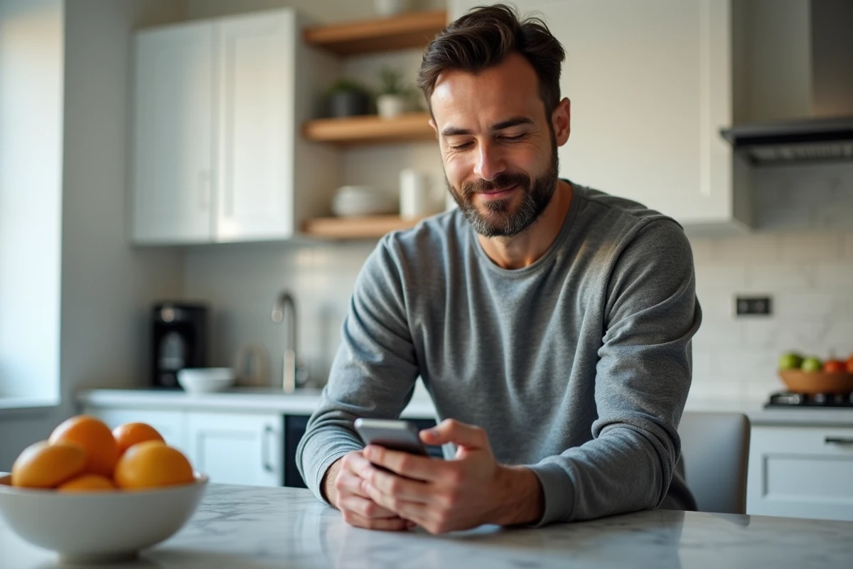 Homme gérant ses plafonds de paiement CMB Virtualis depuis son smartphone à la maison