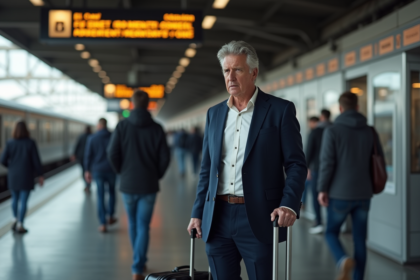 Homme inquiet en gare avec valise fermée