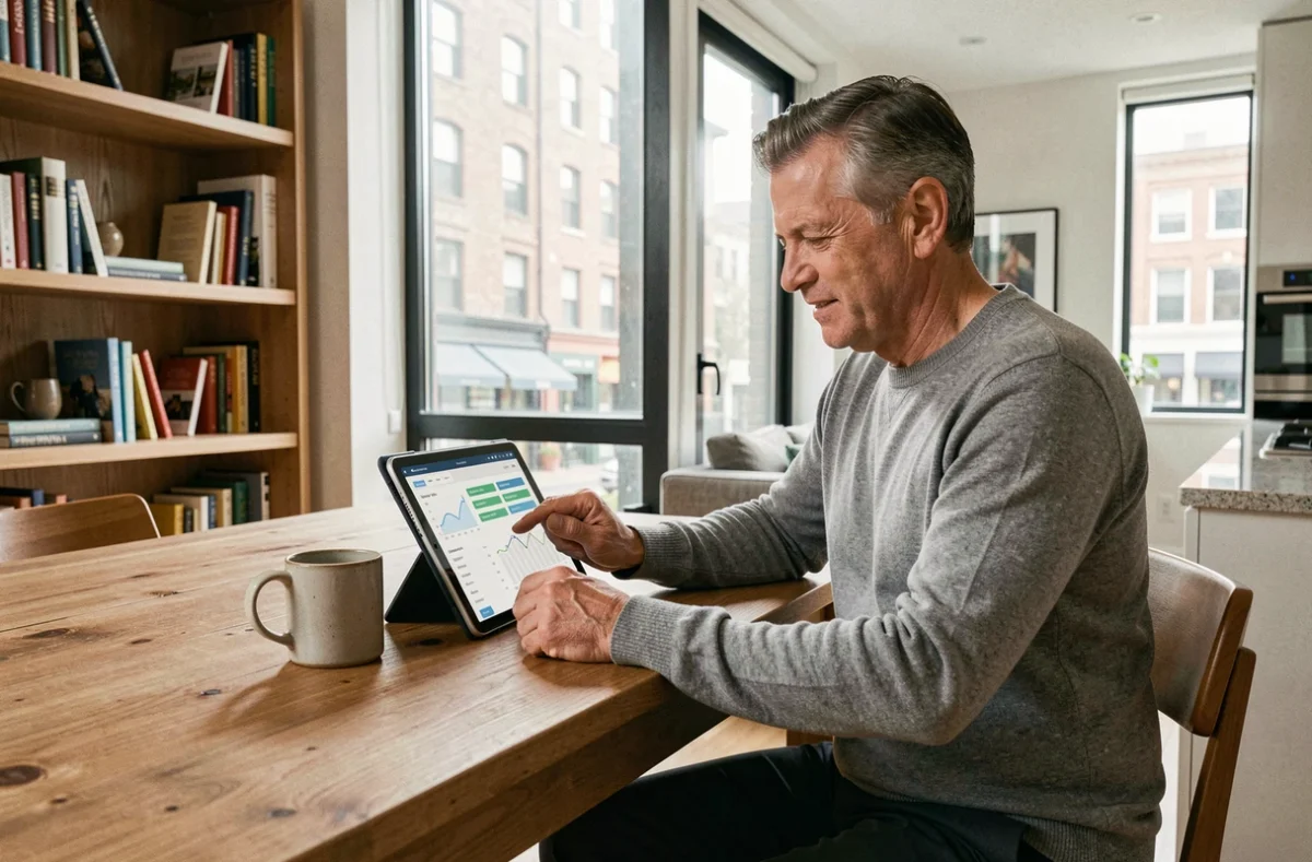Homme consultant un tableau de bord d'investissement immobilier SCPI sur une tablette depuis son appartement