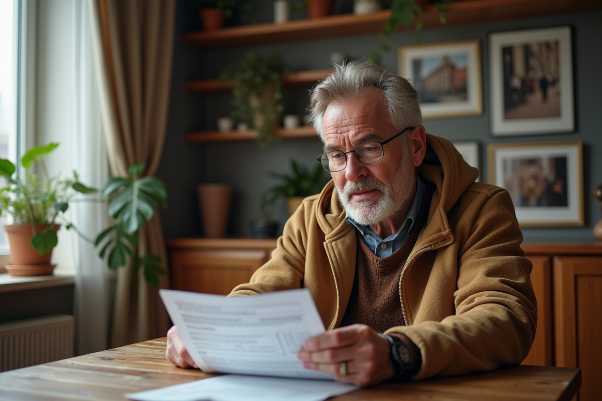 Homme d'âge moyen lisant un avis d'impôt foncier dans son appartement