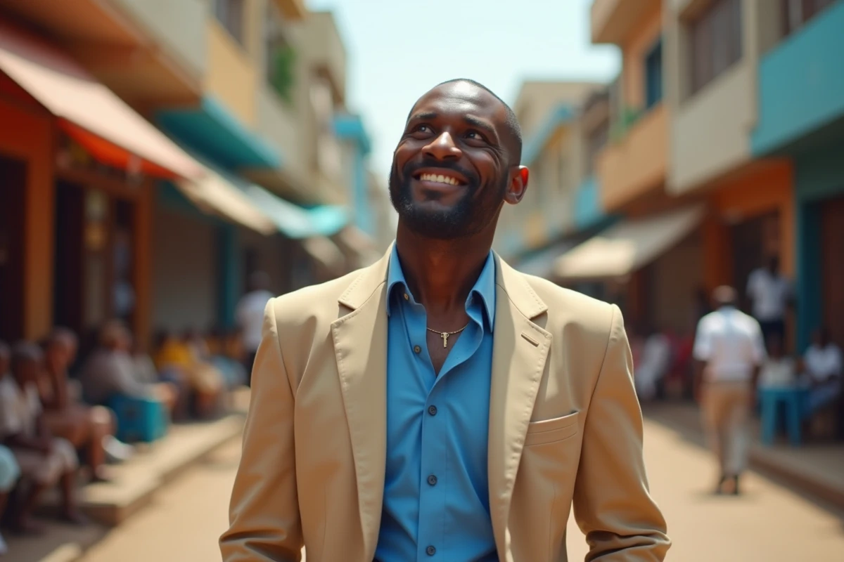 Homme en blazer beige et chemise bleue dans une rue animée africaine