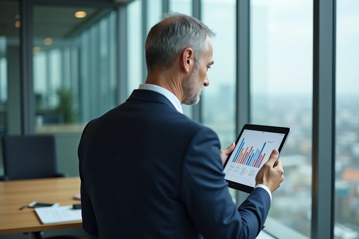 Homme en costume analysant un graphique sur tablette dans un bureau