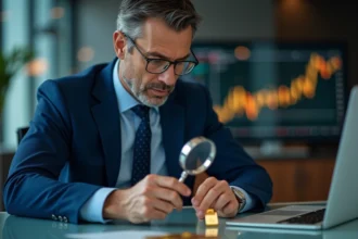 Homme d'affaires examinant une barre d'or dans un bureau moderne