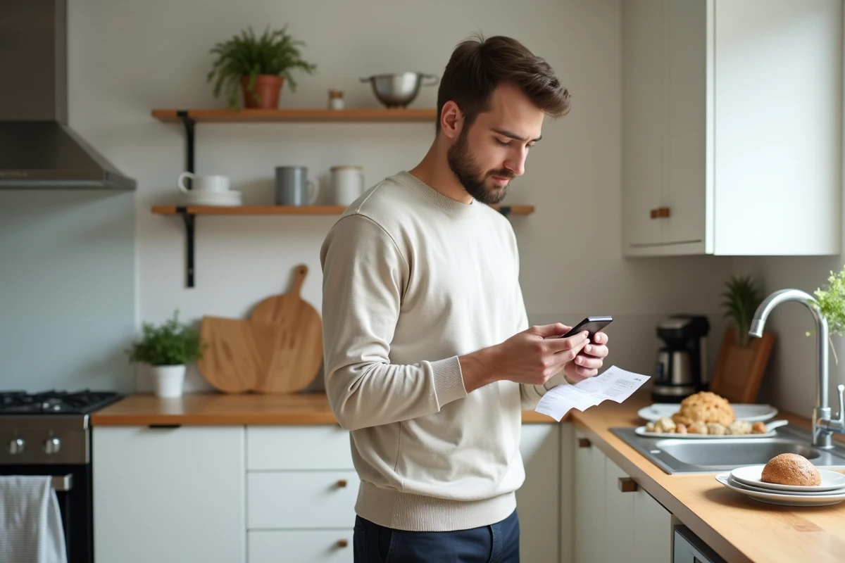 Homme utilisant son smartphone pour payer dans une cuisine moderne