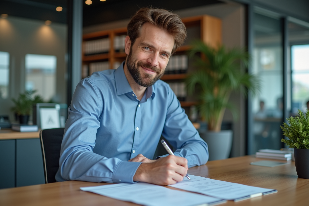 Homme en chemise bleue remplissant un formulaire de prêt