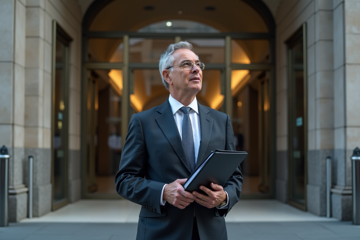 Homme d affaires regardant au loin devant une banque en ville