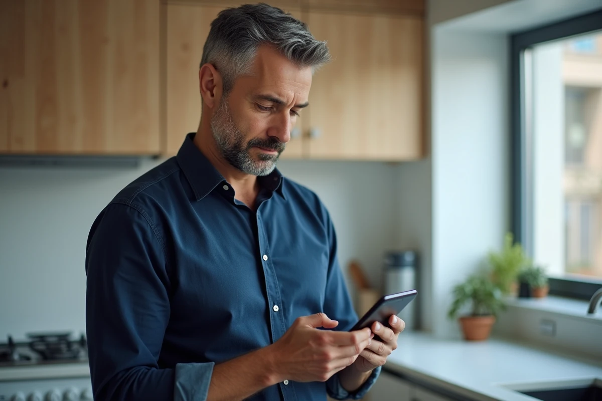 Homme consultant un email de récupération d'identifiant de compte sur son smartphone dans une cuisine moderne
