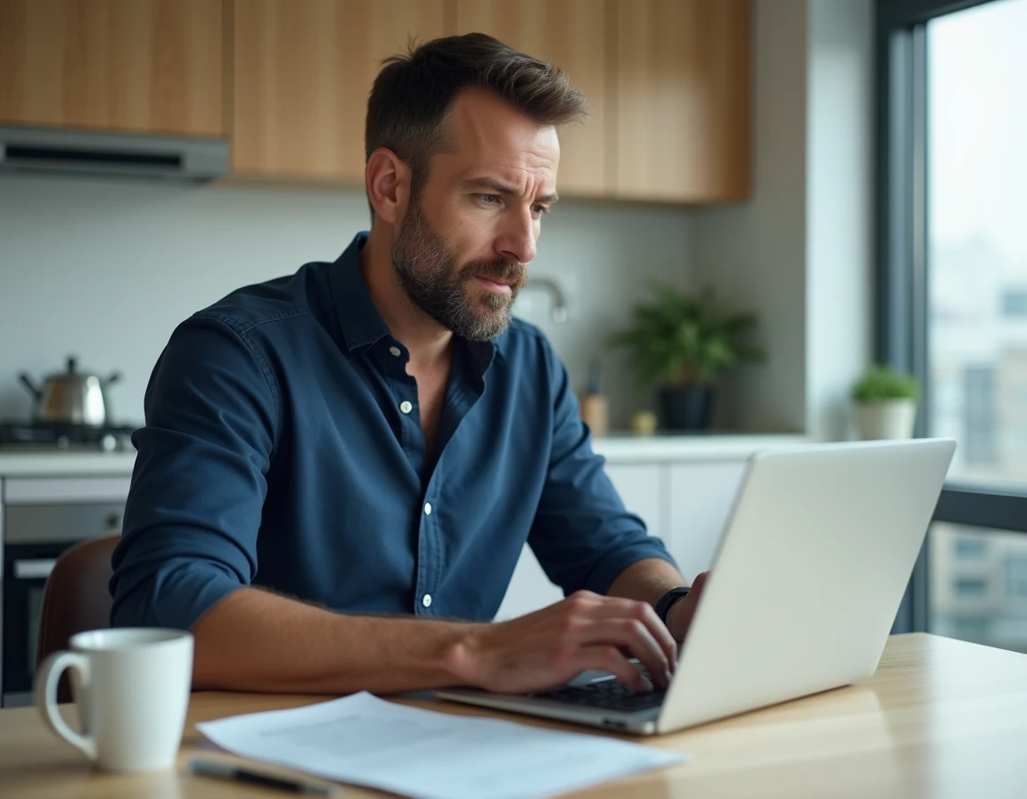Homme rédigeant une lettre de résiliation d'assurance Chubb sur son ordinateur dans une cuisine moderne