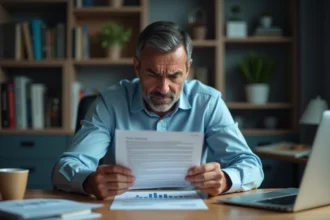 Homme stressé tenant une lettre de refus de rachat de crédit à son bureau à domicile