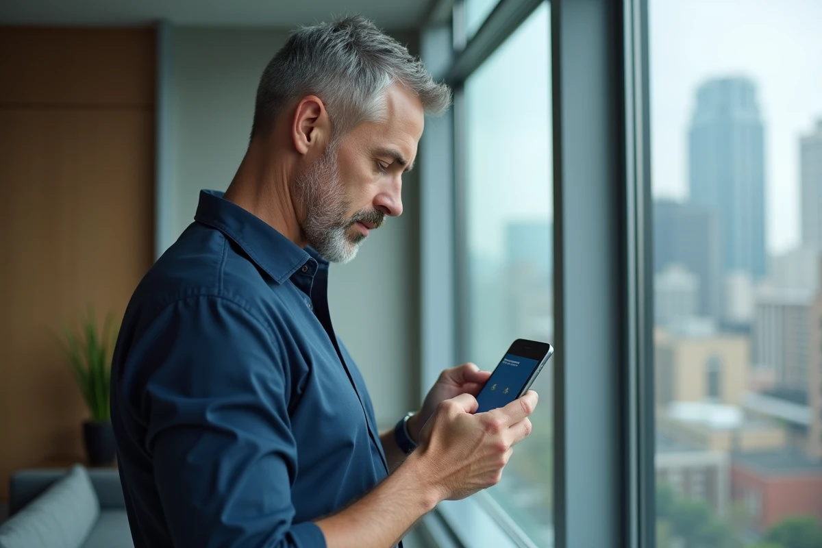 Homme paramétrant les réglages de sécurité de l'application Cyberplus Banque Populaire Rives de Paris sur smartphone en appartement urbain