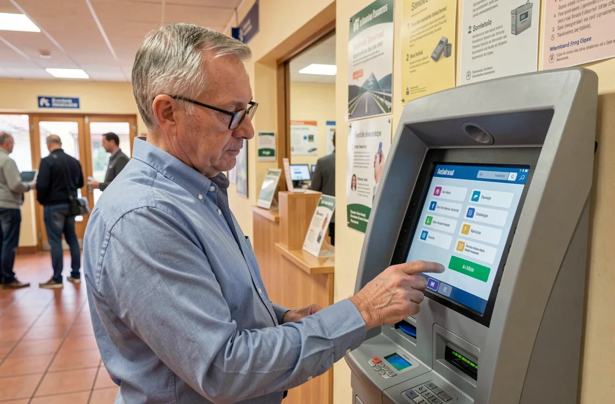 Homme senior utilisant un terminal bancaire en libre-service dans une agence Crédit Agricole Nord Midi-Pyrénées pour gérer ses comptes particuliers