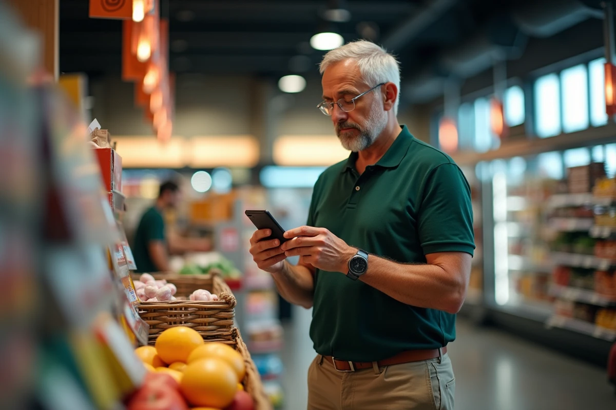 Homme regardant ses reçus numériques en supermarche