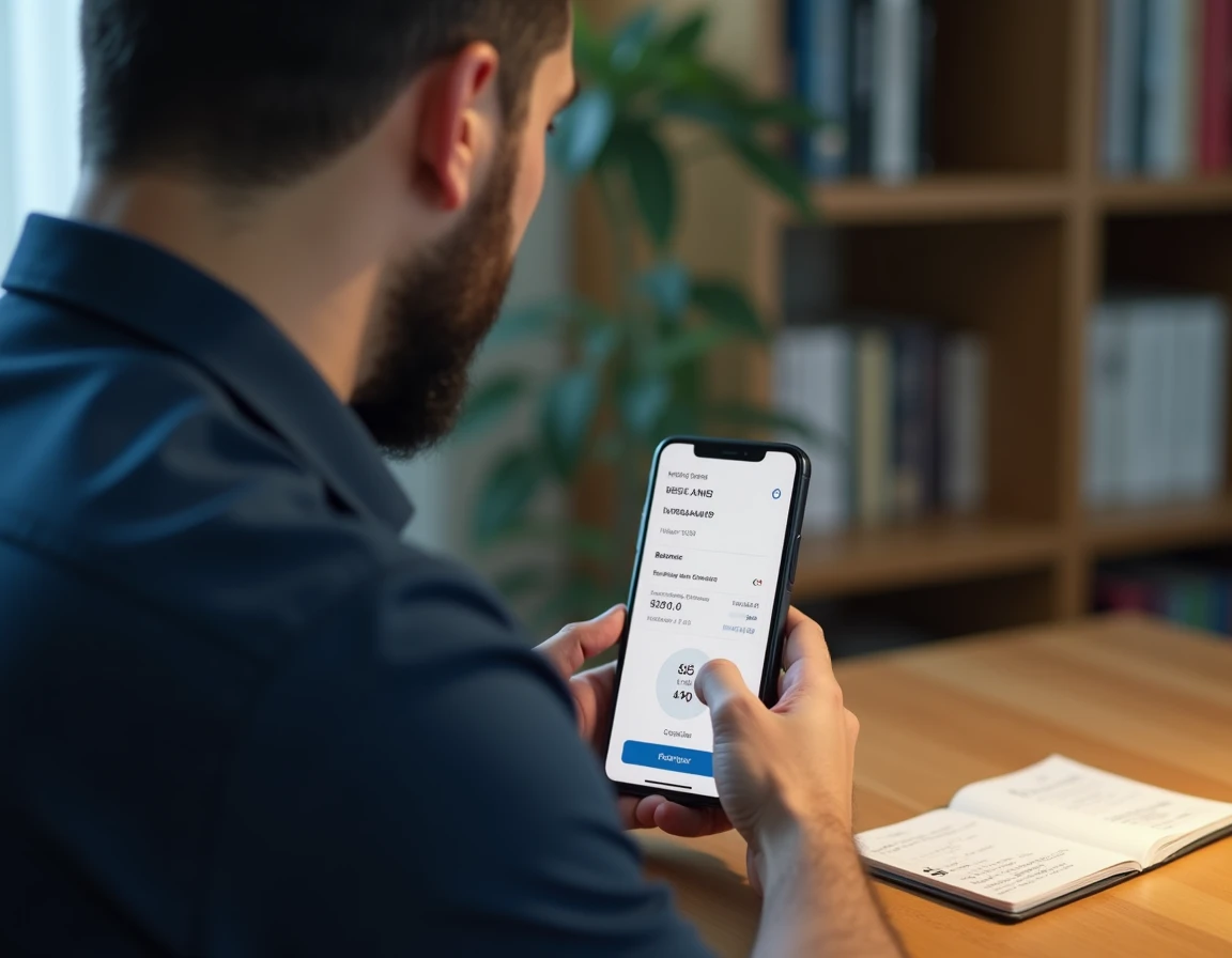 Homme consultant le solde de sa carte prépayée sur smartphone avec un carnet de suivi de budget posé sur un bureau