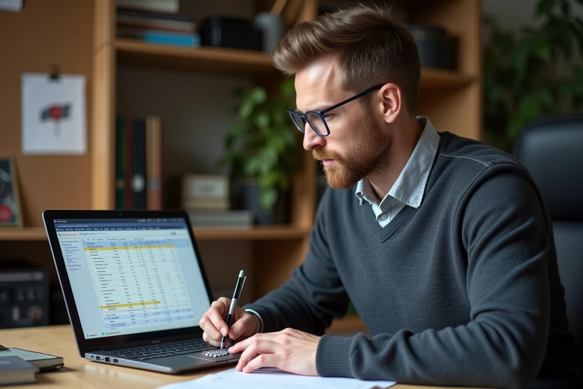 Homme suisse travaillant sur ses impots dans un bureau à domicile