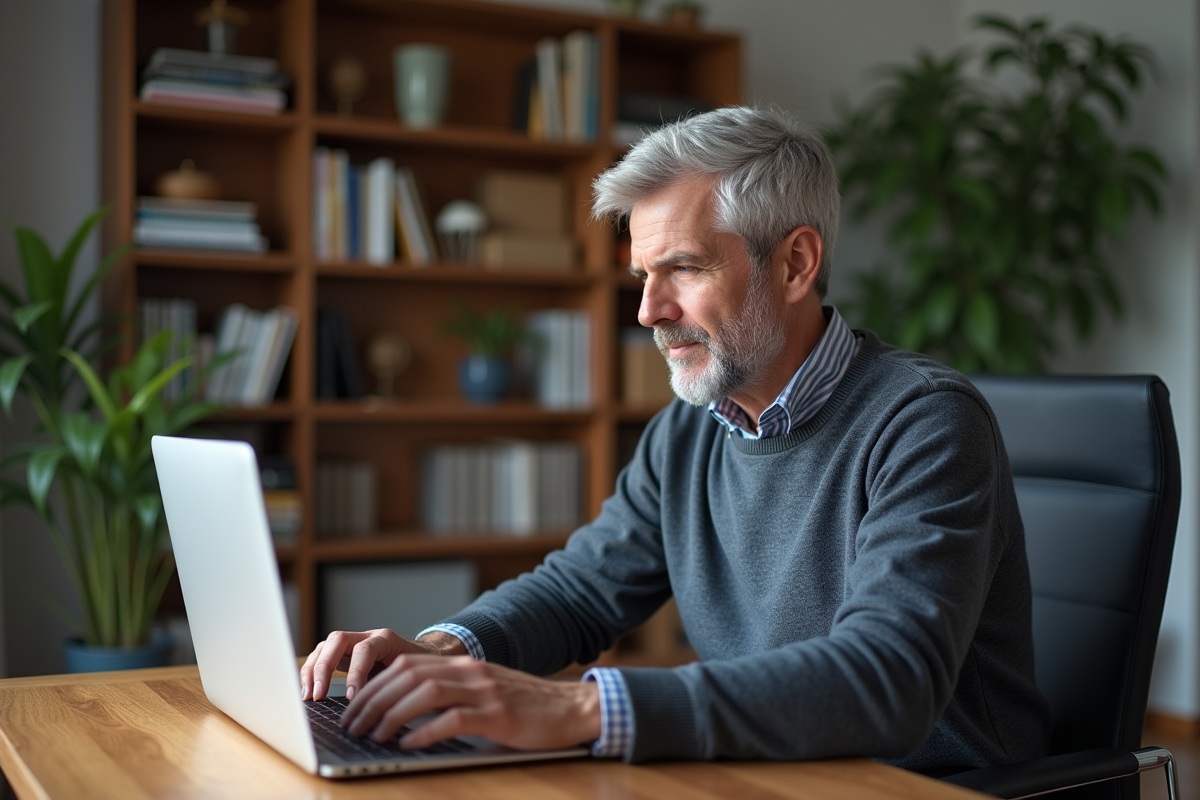 Homme d'âge moyen concentré sur son ordinateur portable à la maison