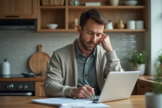 Homme concentré travaillant sur un ordinateur dans une cuisine moderne
