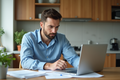 Homme d'affaires dans sa cuisine moderne en train d'examiner des documents