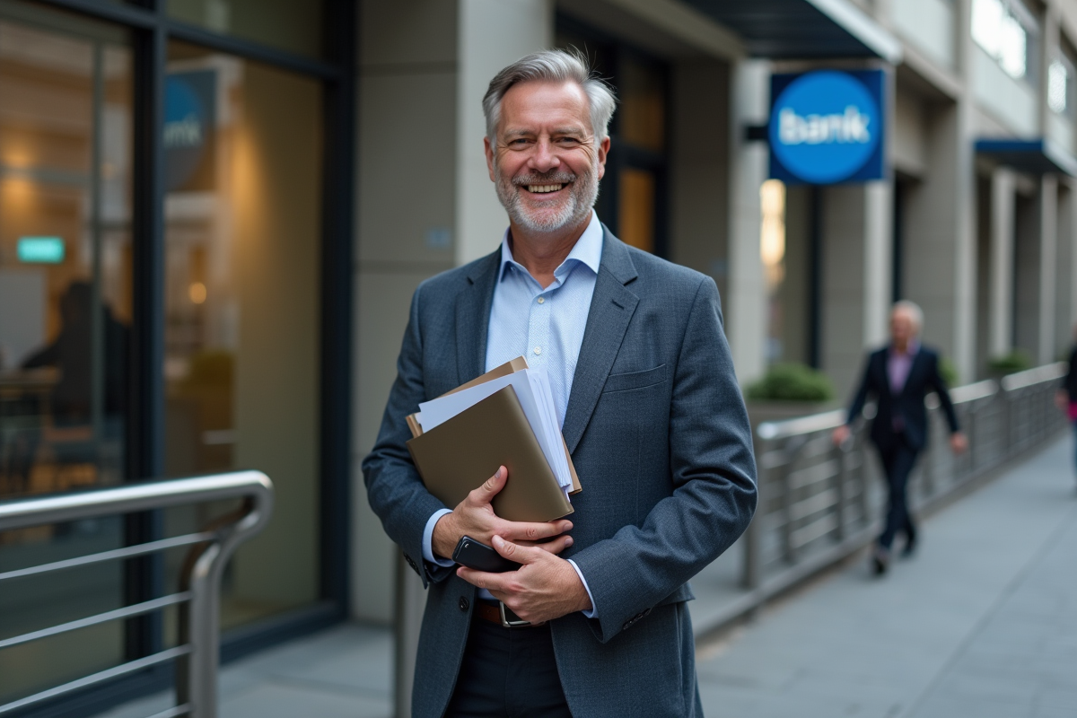 Homme d affaires confiant devant une banque en ville