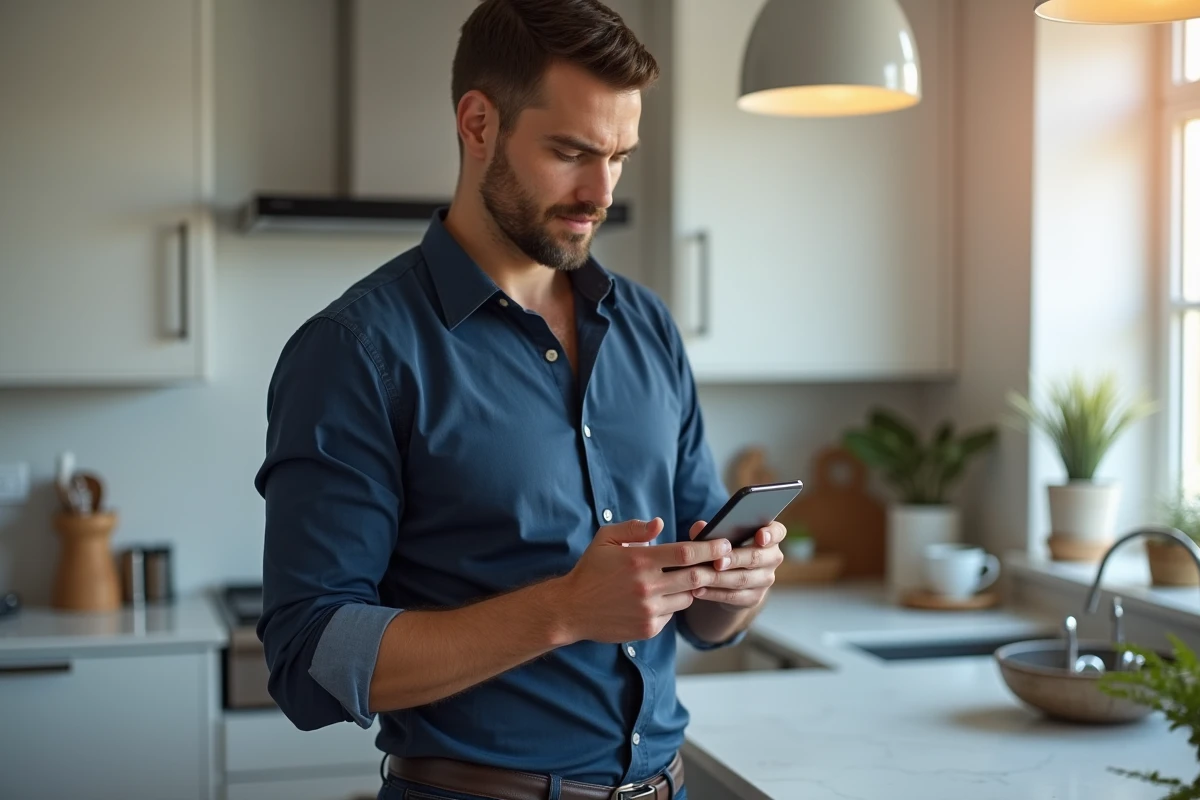 Homme vérifiant ses transactions bancaires Cyberplus sur smartphone dans une cuisine moderne