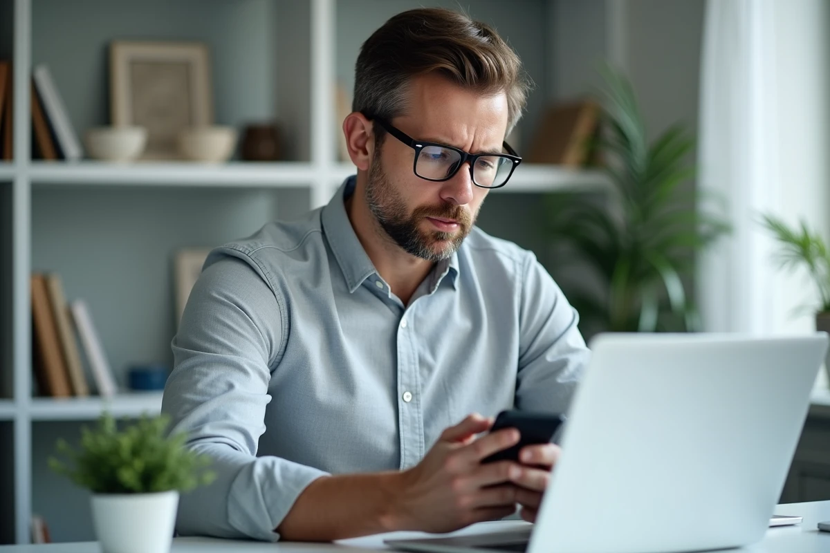 Homme vérifiant un versement bancaire inattendu sur son ordinateur et son téléphone