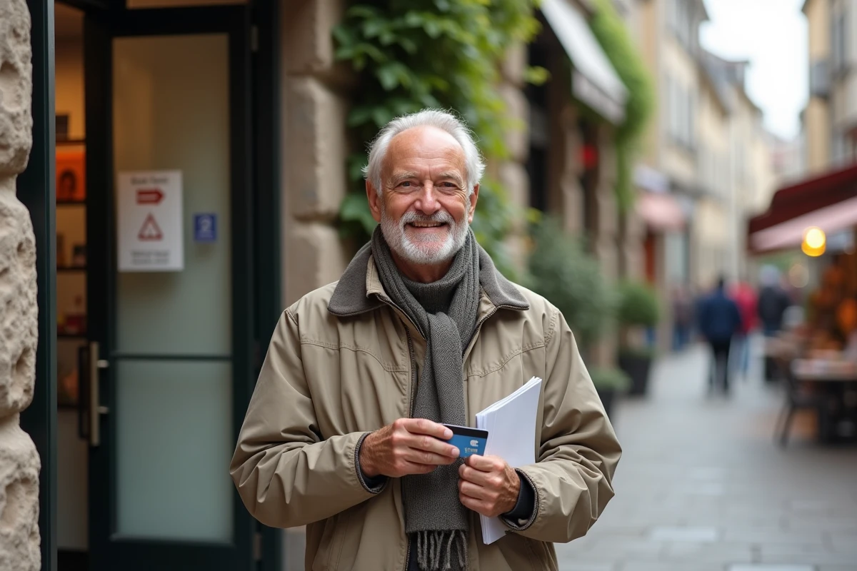 Homme âgé devant une banque de village avec carte bancaire