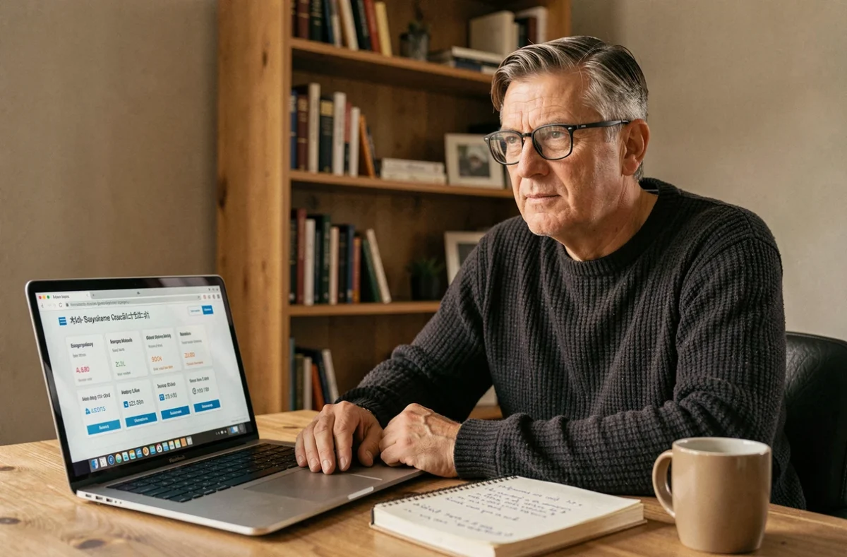 Travailleur indépendant consultant un comparatif d'assurances professionnelles en ligne depuis son bureau à domicile