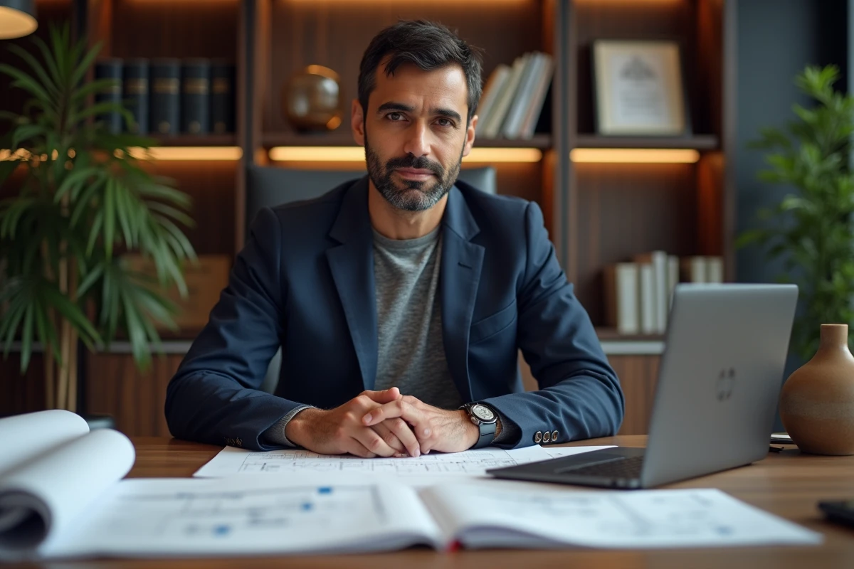 Ingénieur devenu entrepreneur multimillionnaire travaillant dans son bureau avec des plans et rapports financiers