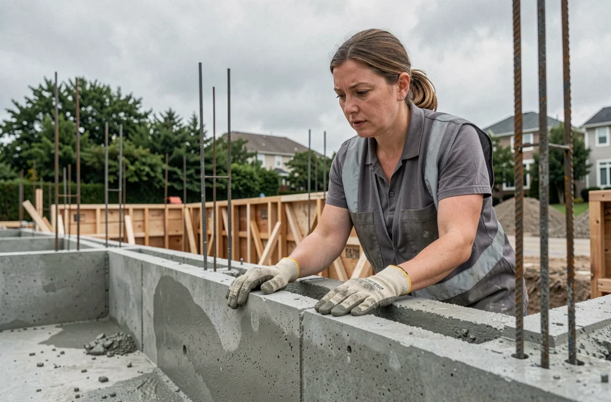 Entrepreneuse inspectant les fondations en béton d'un chantier résidentiel, travaux soumis à la garantie décennale