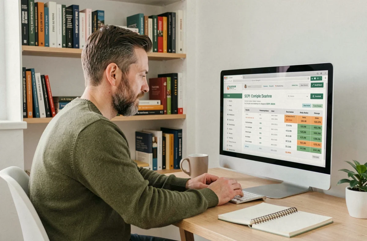 Jeune investisseur autonome comparant des fonds SCPI sur un ordinateur dans un bureau à domicile