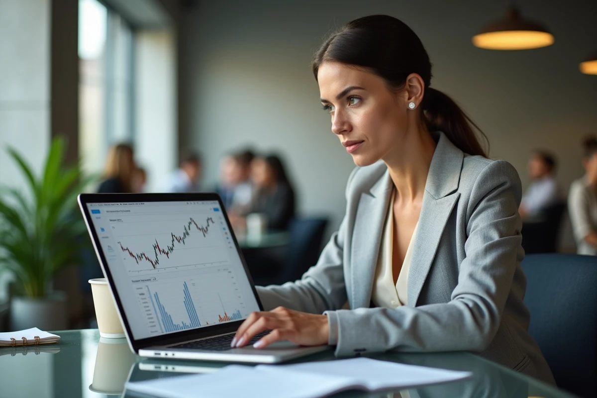 Femme investisseur consultant des graphiques boursiers sur ordinateur portable pour décider de conserver ses actions Air Liquide