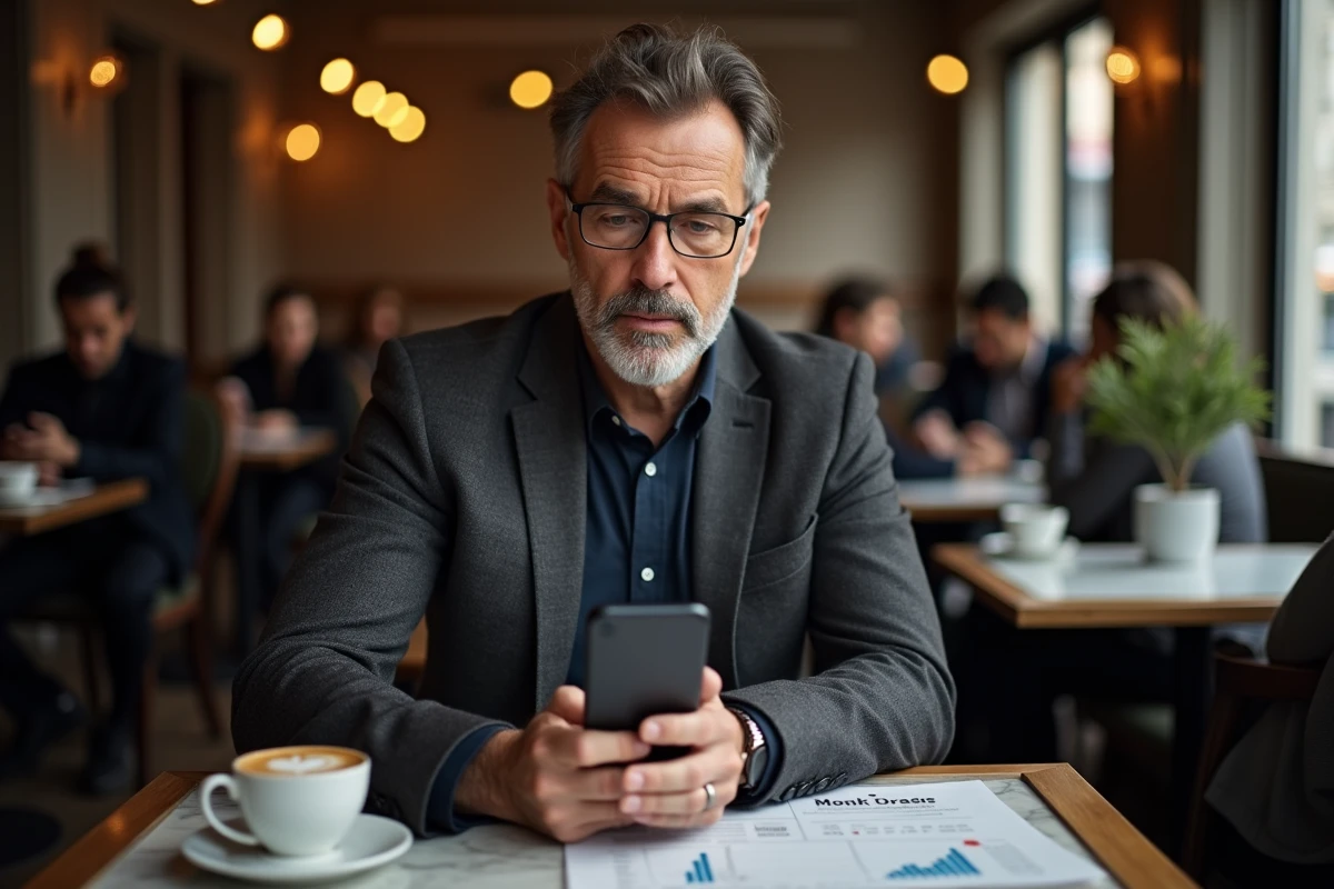 Investisseur consultant une application boursière sur smartphone dans un café parisien, analysant l'action Kering