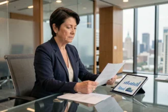Investisseuse professionnelle analysant des documents financiers liés à des fonds SCPI dans un bureau moderne