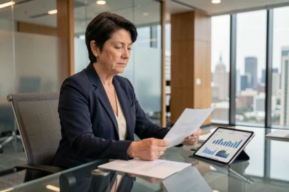 Investisseuse professionnelle analysant des documents financiers liés à des fonds SCPI dans un bureau moderne