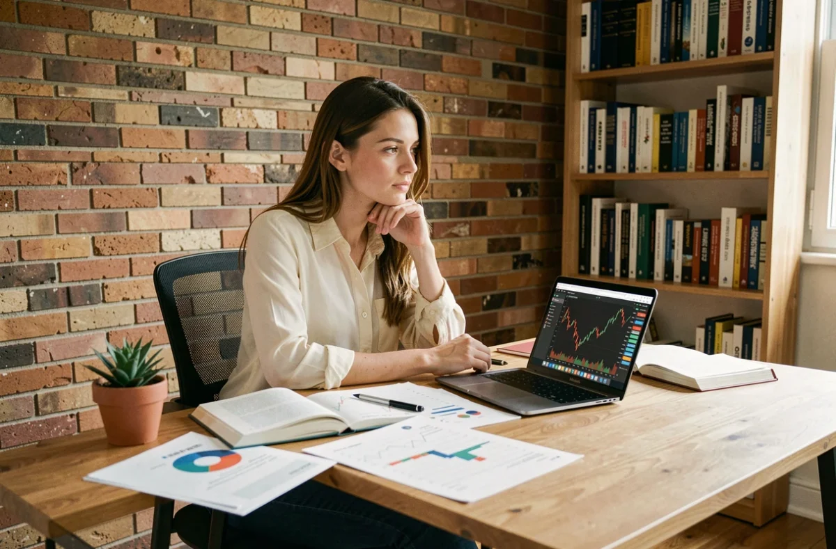 Jeune investisseuse débutante analysant des graphiques boursiers et des données financières sur son bureau à domicile, inspirée par des success stories d'entrepreneurs