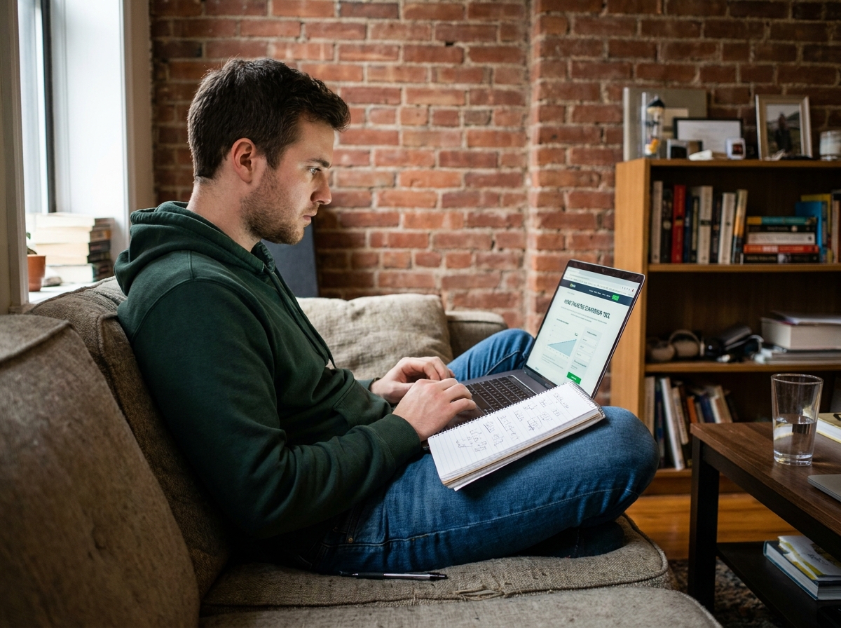 Jeune homme comparant des offres de prêt immobilier sur ordinateur portable chez lui