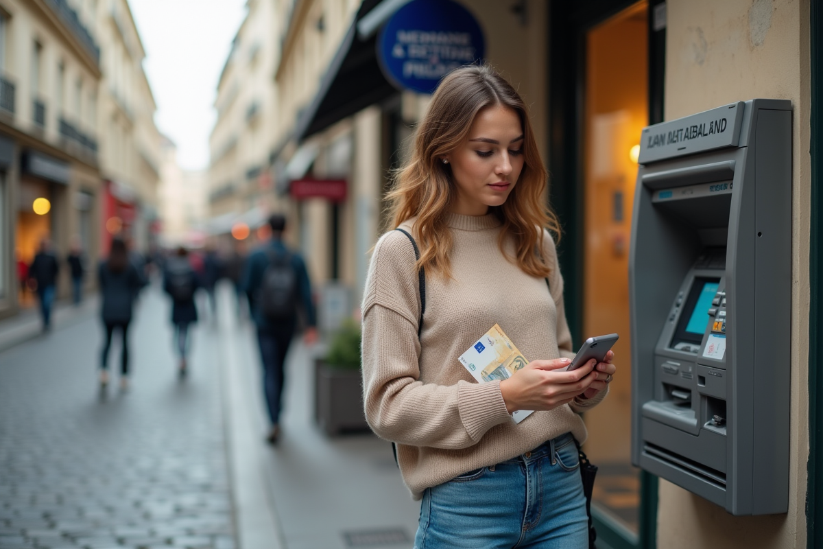 Jeune femme utilisant un distributeur automatique dans la rue