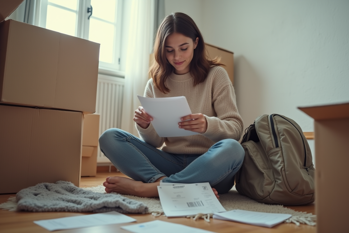 Jeune femme emballant ses affaires dans un appartement