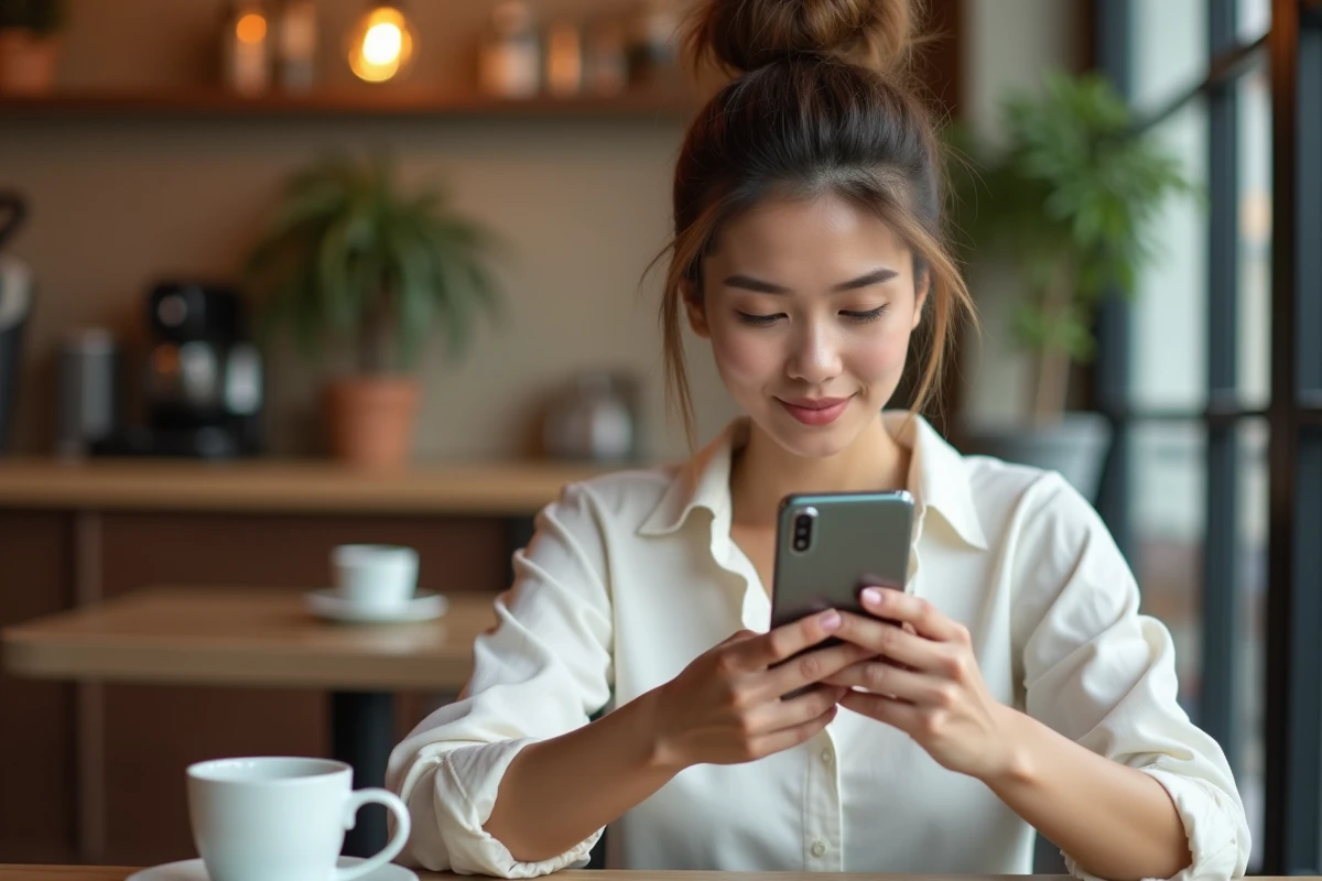 Jeune femme configurant les notifications de l'application Cyberplus Banque Populaire Rives de Paris sur smartphone dans un café parisien