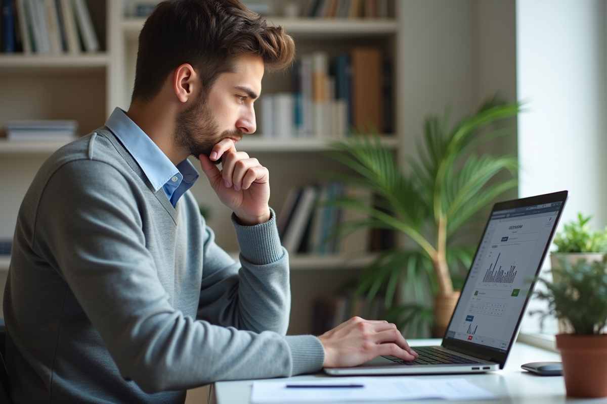 Jeune homme calculant des bilans sur son ordinateur